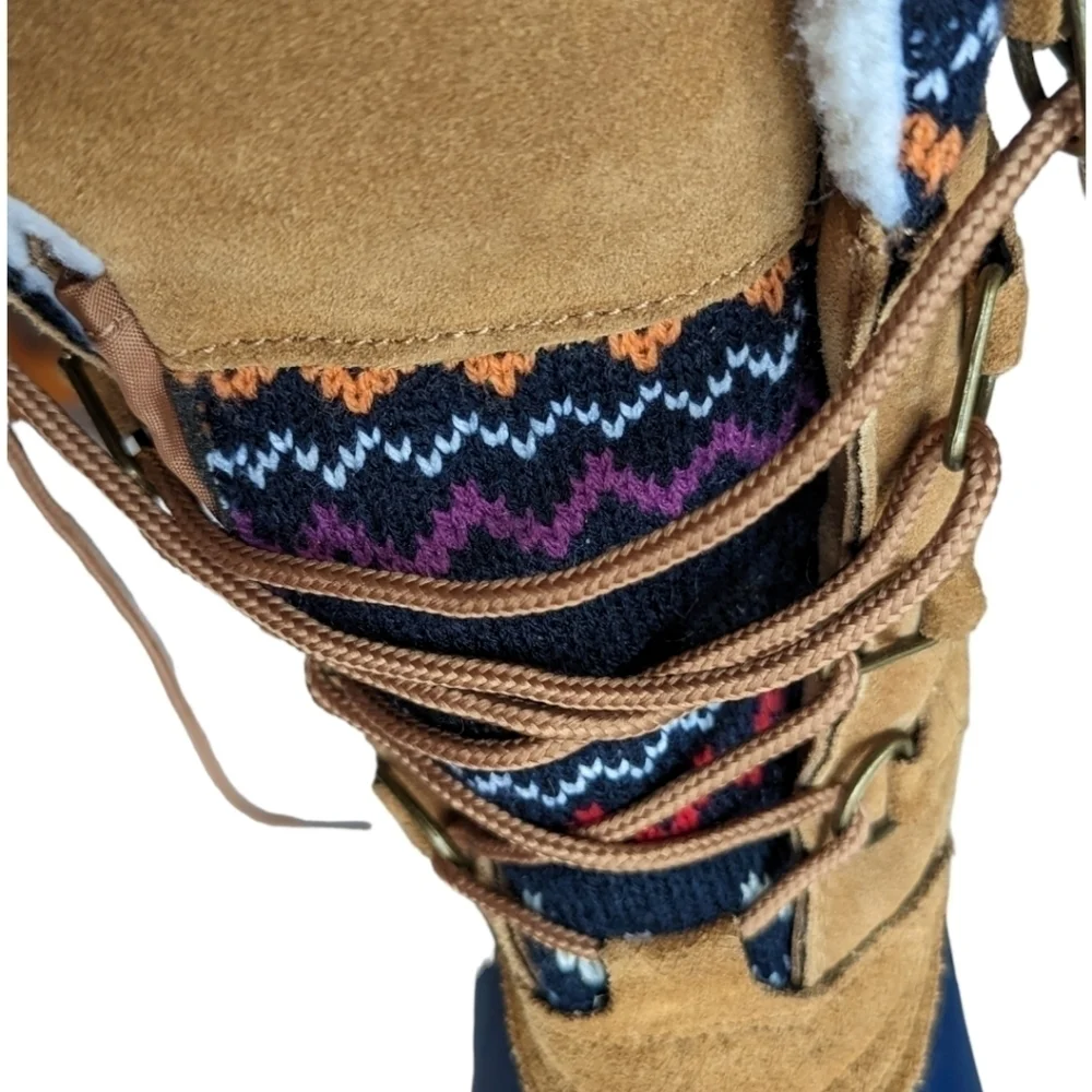 Khombu Vail Women's Blue Rubber Tan Suede Snow Duck Boots Colorful Knit Accent 6